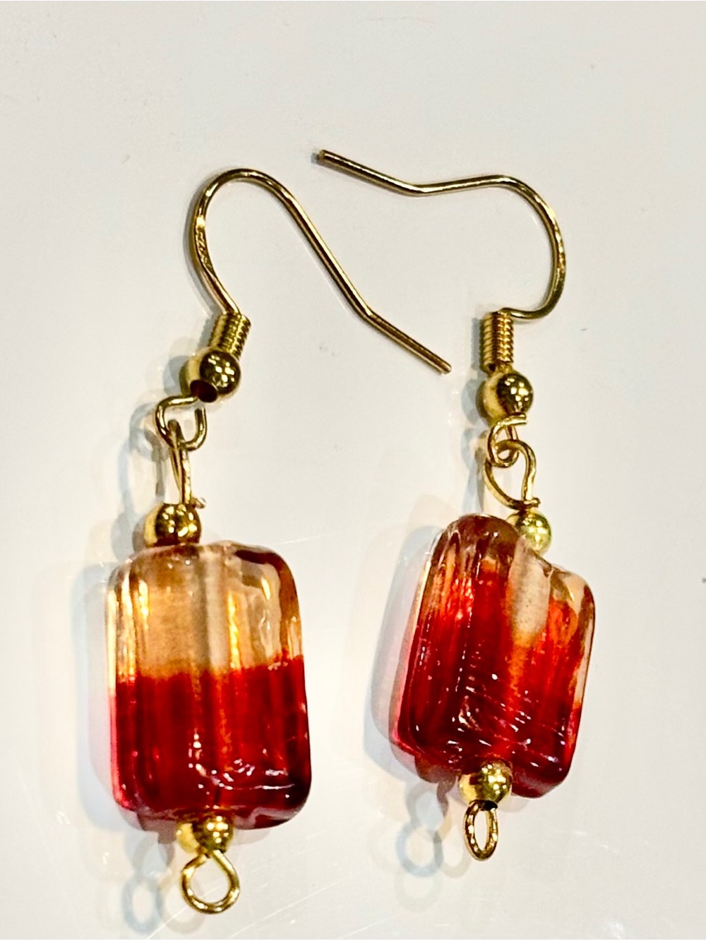 Gold-Plated Red and Amber Glass Drop Earrings